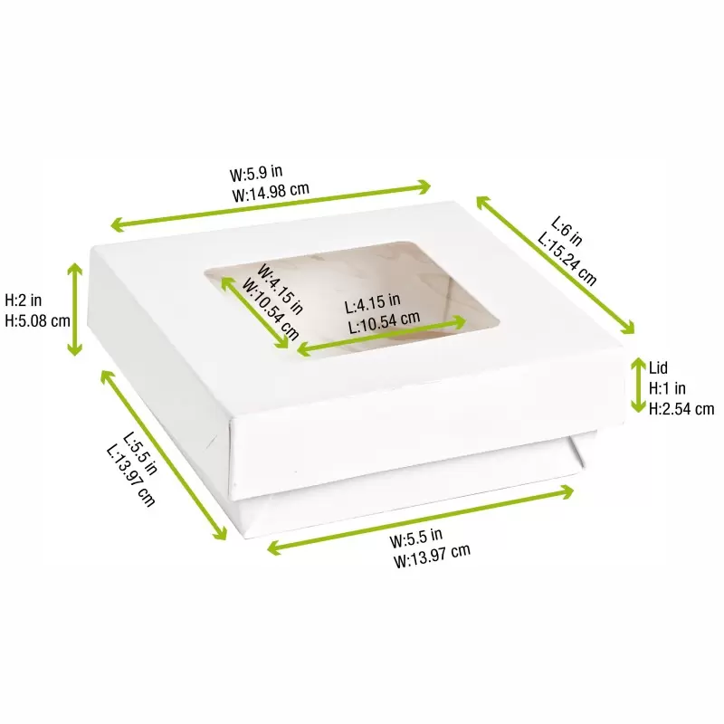 PacknWood White Kray Boxes With Pet Window Lid - 34oz 5.5 x 5.5 x 2'' - 250 pcs