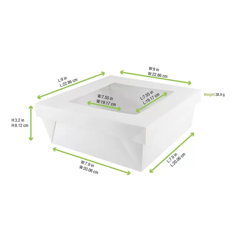 PacknWood White Kray Boxes With Pet Window Lid - 118oz 7.9 x 7.9 x 3.2'' - 100 pcs