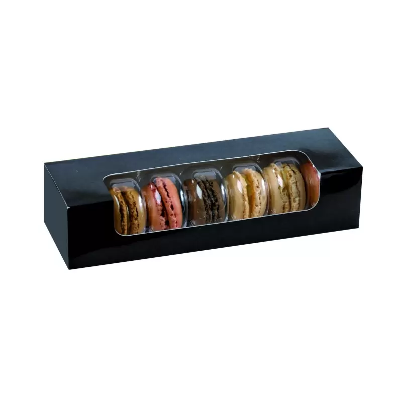 PacknWood Black Box With Pet Window For 7 Macarons - 8.5 x 2.7 x 1.9'' - 250 pcs