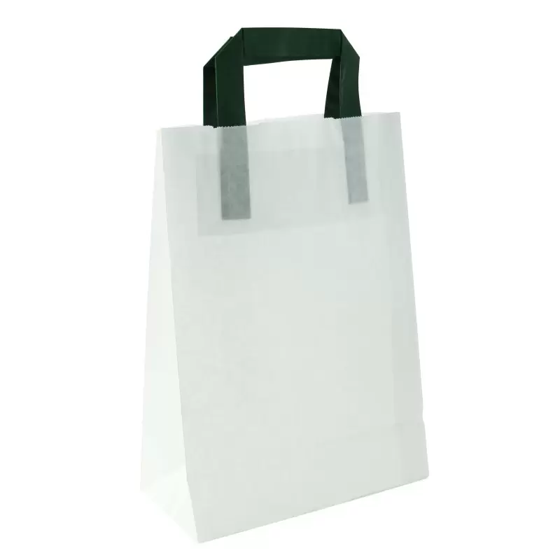 PacknWood White Recycled Paper Carrier Bag With Green Handles - H:11'' W:4'' L:7.9'' - 250 pcs