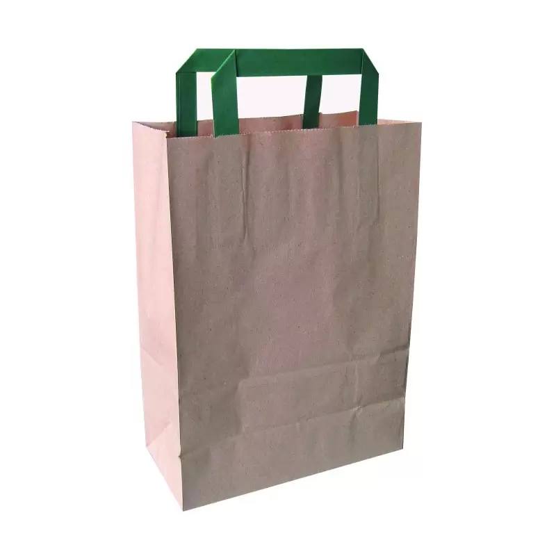 PacknWood Kraft-Brown Recycled Paper Carrier Bag With Green Handles - H:11'' W:4'' L:7.9'' - 250 pcs