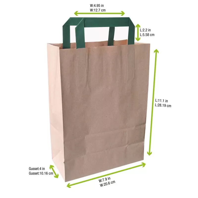 PacknWood Kraft-Brown Recycled Paper Carrier Bag With Green Handles - H:11'' W:4'' L:7.9'' - 250 pcs