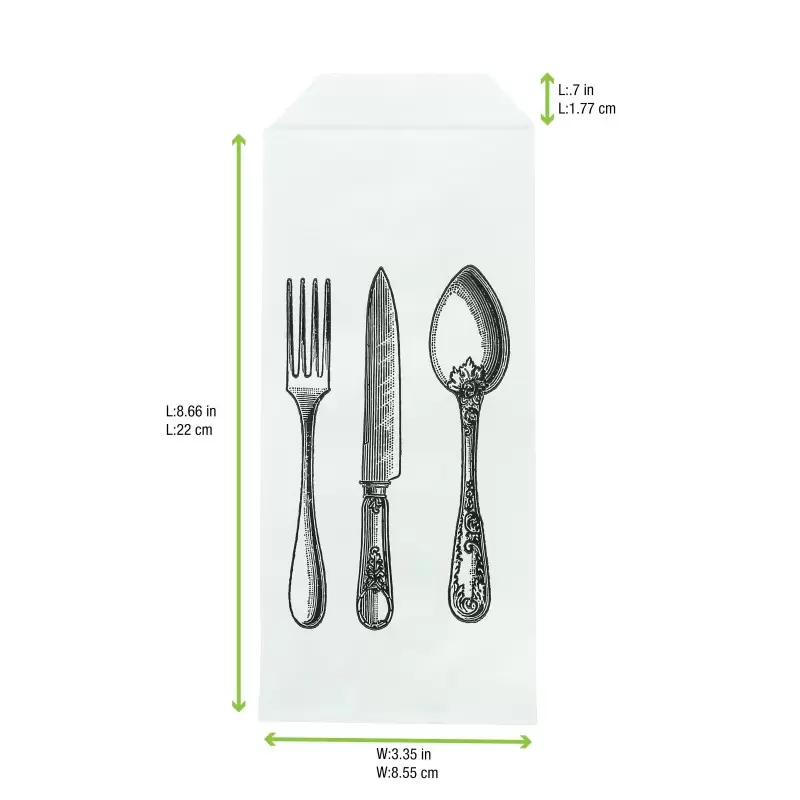 PacknWood White Paper Bag Cutlery With Logo - 8.66 x 3.35'' - 1000 pcs