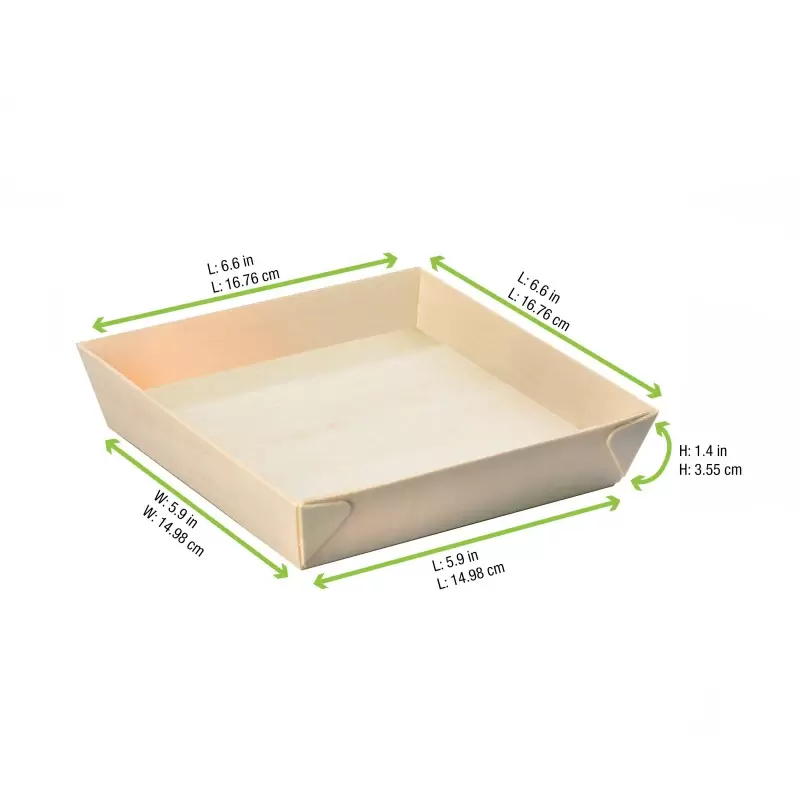 PacknWood Square "Samurai" Wooden Tray - 28oz 6.6 x 6.6 x 1.4'' - 100 pcs