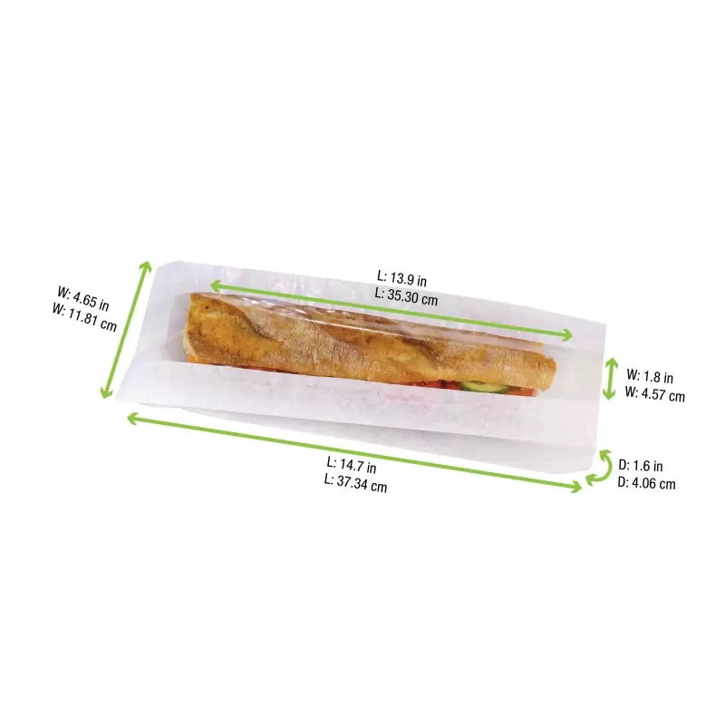 PacknWood White Sandwich Bag With Window - L:14.7 x W:4.65 x H:1.6'' - 1000 pcs