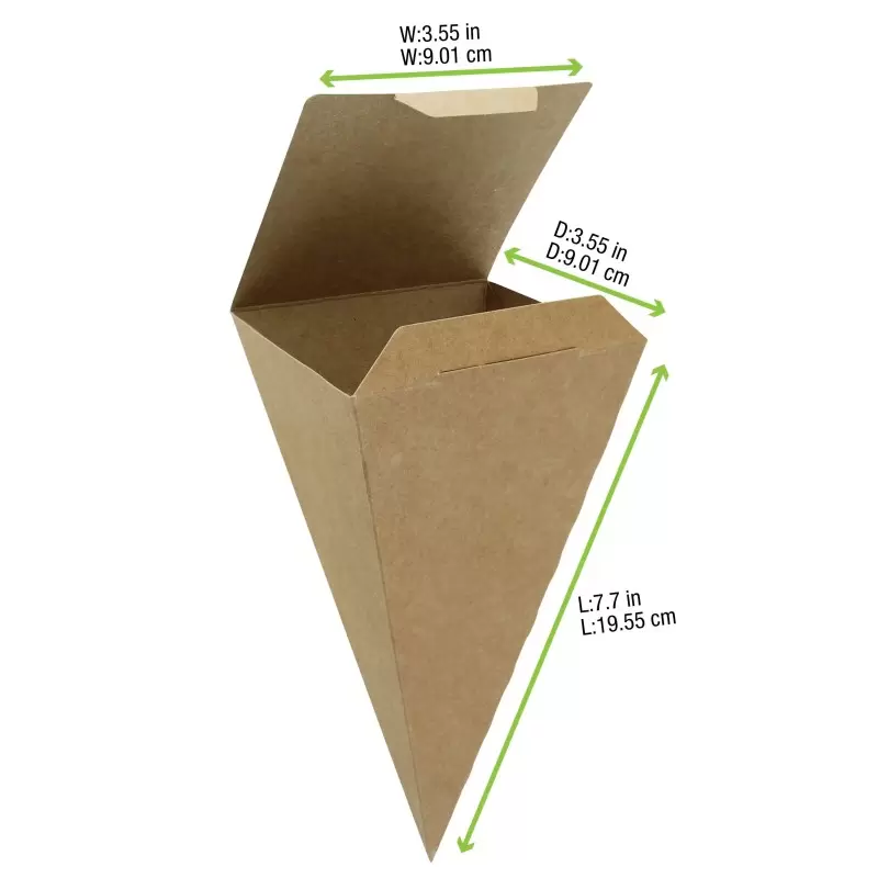 PacknWood Closeable Kraft Snack Cone - Top:3.5 x 3.5'' H:7.5'' - 400 pcs