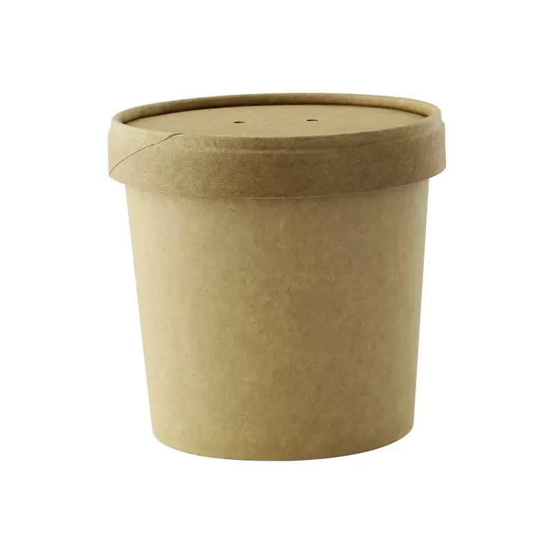 PacknWood Brown Kraft Soup Cup With Kraft Lid Included - 12oz Diam.3.5'' H:3.4'' - 500 pcs