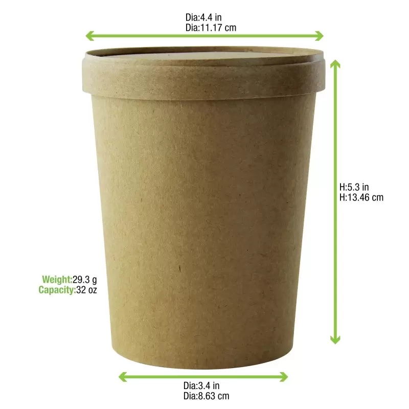 PacknWood Brown Kraft Soup Cup With Kraft Lid Included - 32oz Diam.4.5'' H:5.5'' - 250 pcs