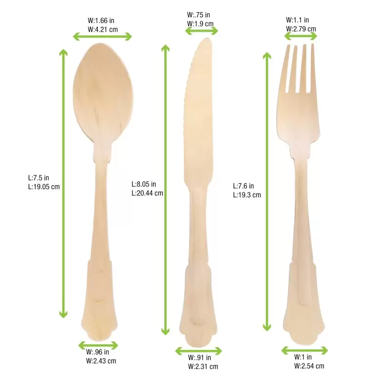 PacknWood Elegant Wooden Cutlery 3 Piece Set (Fork, Knife, Spoon) - 8.5'' - 100 pcs