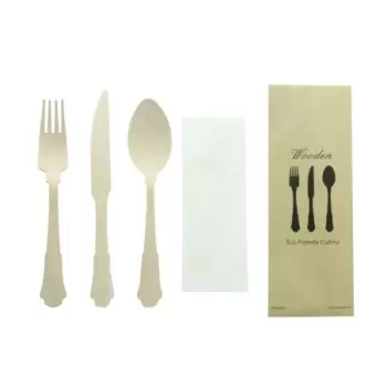 PacknWood Elegant Wooden Cutlery 4 Piece Set (Fork, Knife, Spoon, Napkin) - 8.5'' - 100 pcs