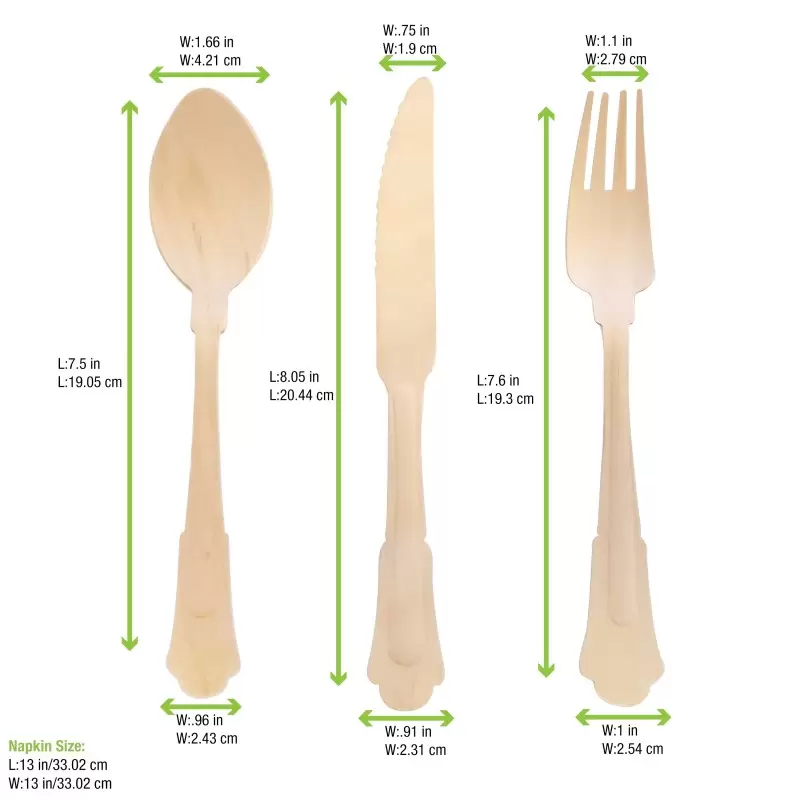 PacknWood Elegant Wooden Cutlery 4 Piece Set (Fork, Knife, Spoon, Napkin) - 8.5'' - 100 pcs