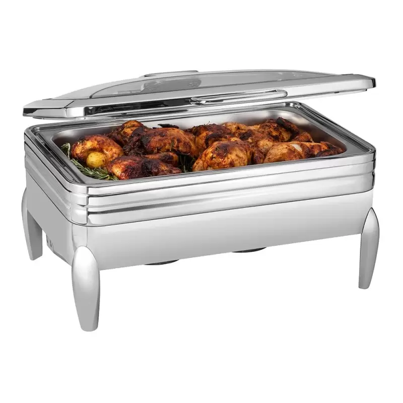 Rosseto De Luxe Rectangle Stainless Steel Chafing Dish with Glass Lid - Frame - Burner Holder & Induction Option - 9.51 QT - 1