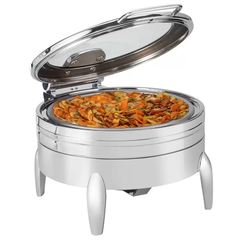 Rosseto De Luxe Round Stainless Steel Chafing Dish with Glass Lid - Frame - Burner Holder & Induction Option - 6.34 QT - 1 EA