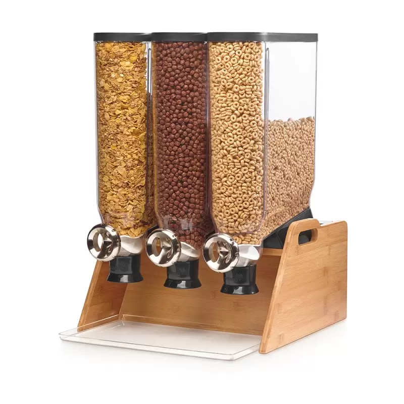 Rosseto PRO-BULK 3.5 Gal. 3-Container Tabletop Dispenser with Bamboo Stand and Tray - 1 Piece - 17.75 x 20.5 x 25.13 In.