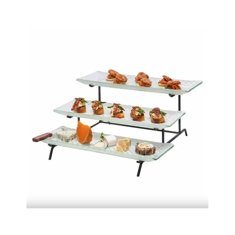 Rosseto 3 Level Blk Metal Flat Packed Stand with Three Zenit White Large 22.5" Rectangle Handmade Glass Trays - 1 Piece - 22.25x