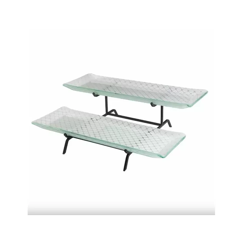 Rosseto 2 Level Blk Metal Flat Packed Stand with Two Zenit White Large 22.5" Rectangle Handmade Glass Trays - 1 Piece - 22.25x15