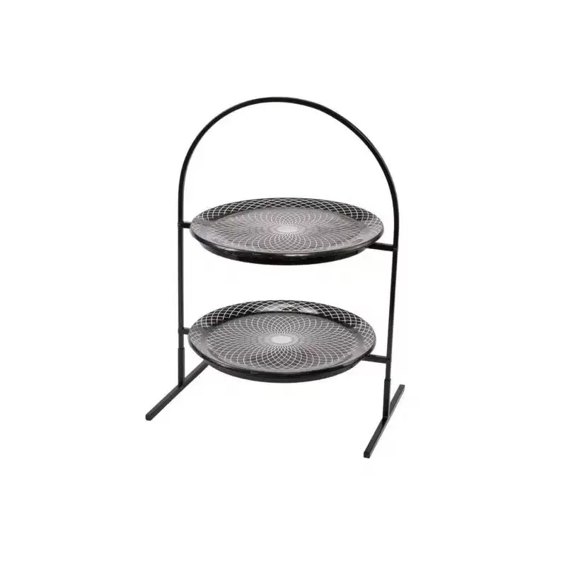 Rosseto 2 Level Round Black Metal Flat Packed Stand with Two Spiro Black 13" Round Handmade Glass Platters - 1 Piece - 15.4x10.6