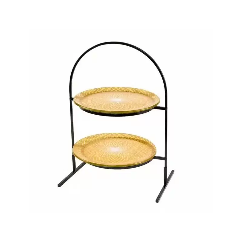 Rosseto 2 Level Round Black Metal Flat Packed Stand with Two Spiro Gold 13" Round Handmade Glass Platters - 1 Piece - 15.4x10.63