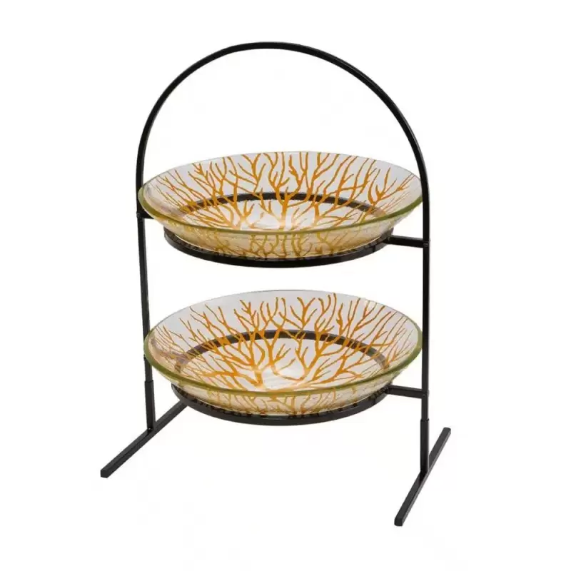 Rosseto 2 Level Round Black Metal Flat Packed Stand with Two Radici Mustard 14" Round Glass Bowls - 1 Piece - 15.4x10.63x21.75 I