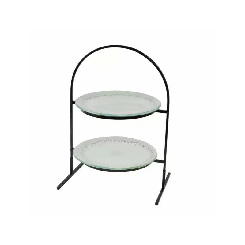 Rosseto 2 Level Round Black Metal Flat Packed Stand with Two Foglia White 14" Round Glass Bowls - 1 Piece - 15.4x10.63x21.75 In.