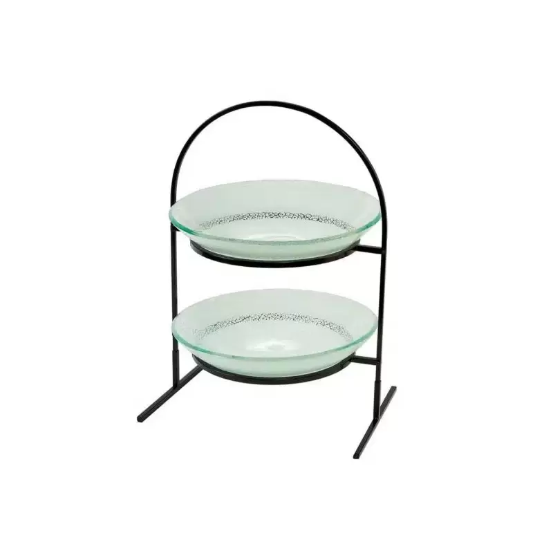 Rosseto 2 Level Round Black Metal Flat Packed Stand with Two Spiro White 13" Round Handmade Glass Platters - 1 Piece - 15.4x10.6