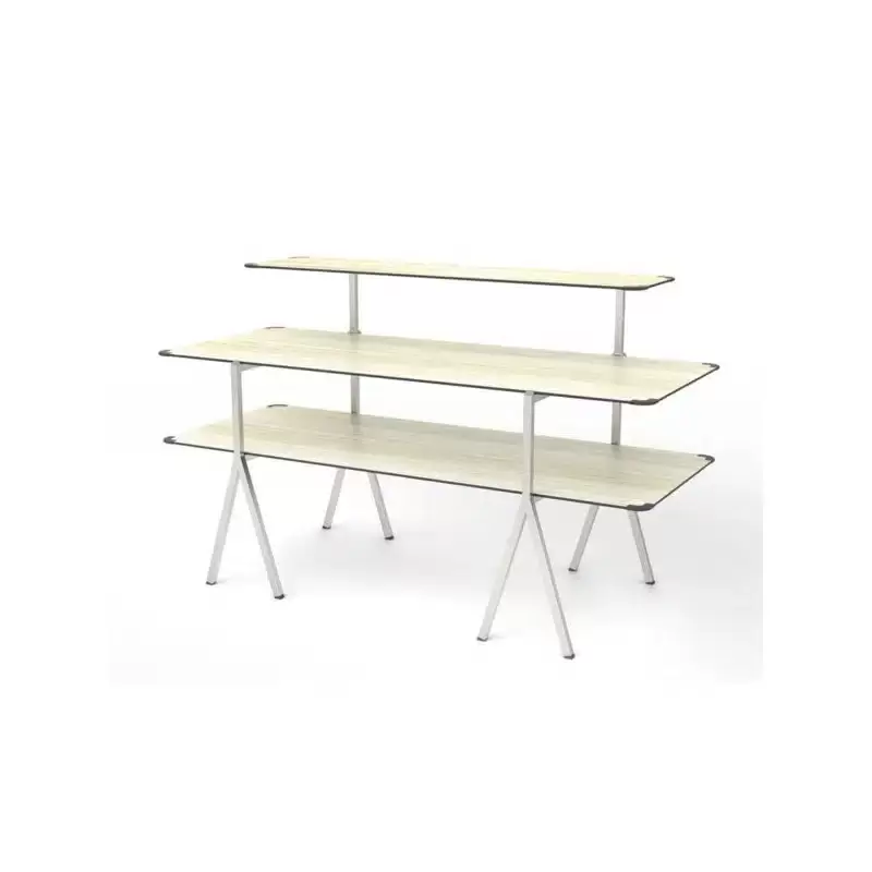 Rosseto Modulite 3 Level Kit - Natural Wood 2 Table Top - 1 Shelf - Stainless Steel Legs - 71 x 30 x 43.2 In.