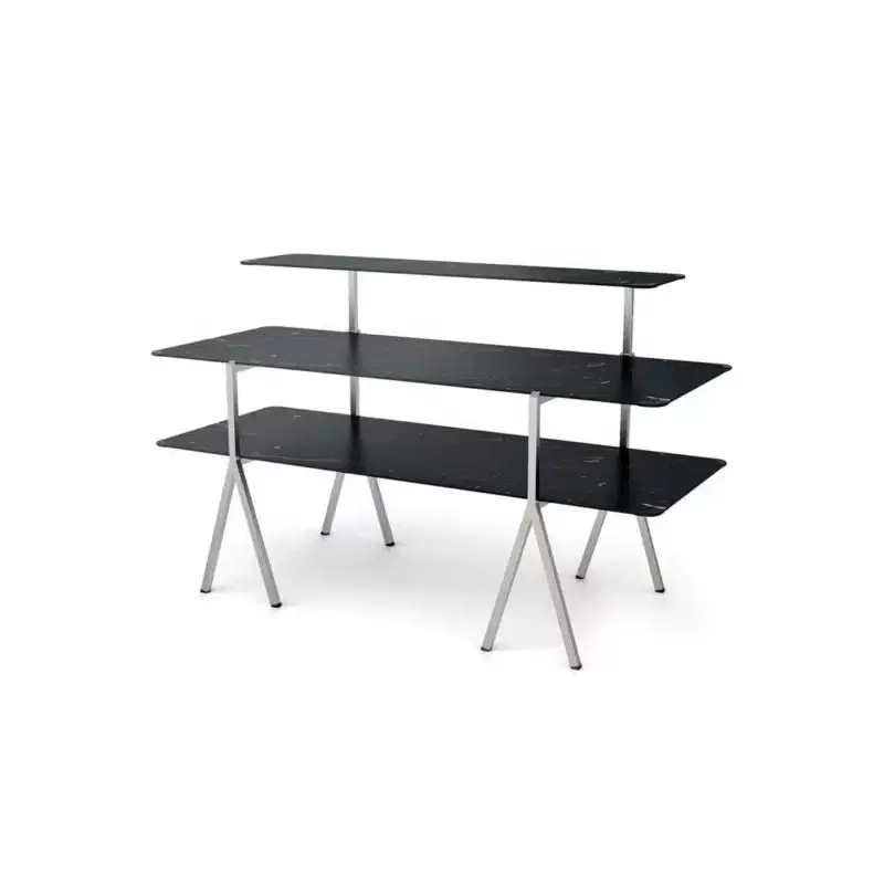 Rosseto Modulite 3 Level Kit - Black Marble 2 Table Top - 1 Shelf - Stainless Steel Legs - 71 x 30 x 43.2 In.