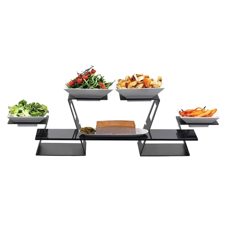 Rosseto 7PC KIT-Black Swan Multi-Level Risers -Wide Black Tempered Glass Surface&4-10.75”Square PorcelainBowl - SM220 : 23.3 x 1