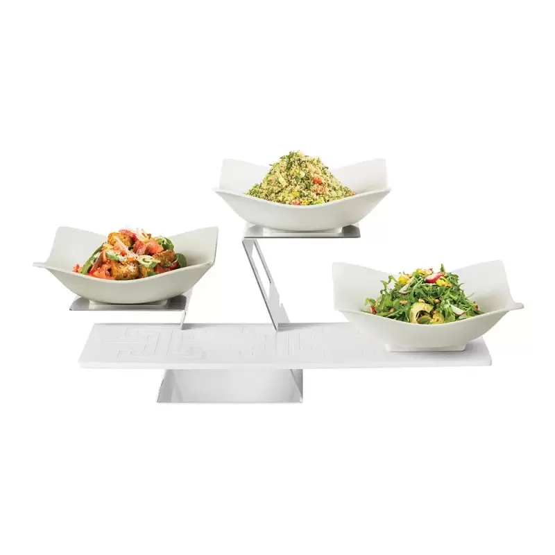 Rosseto 5PC KIT-Swan Multi-Level System Stainless Steel with 3 White Large Square Melamine Bowls - 28.4 x 16.5 x 14.3 In.