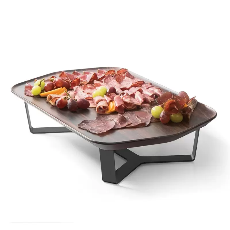 Rosseto Forme’ Melamine Rectangle Walnut Tray with Four Leg 4" Silver Riser - 1 Piece - 20.25 x 12.25 x 4.38 In.