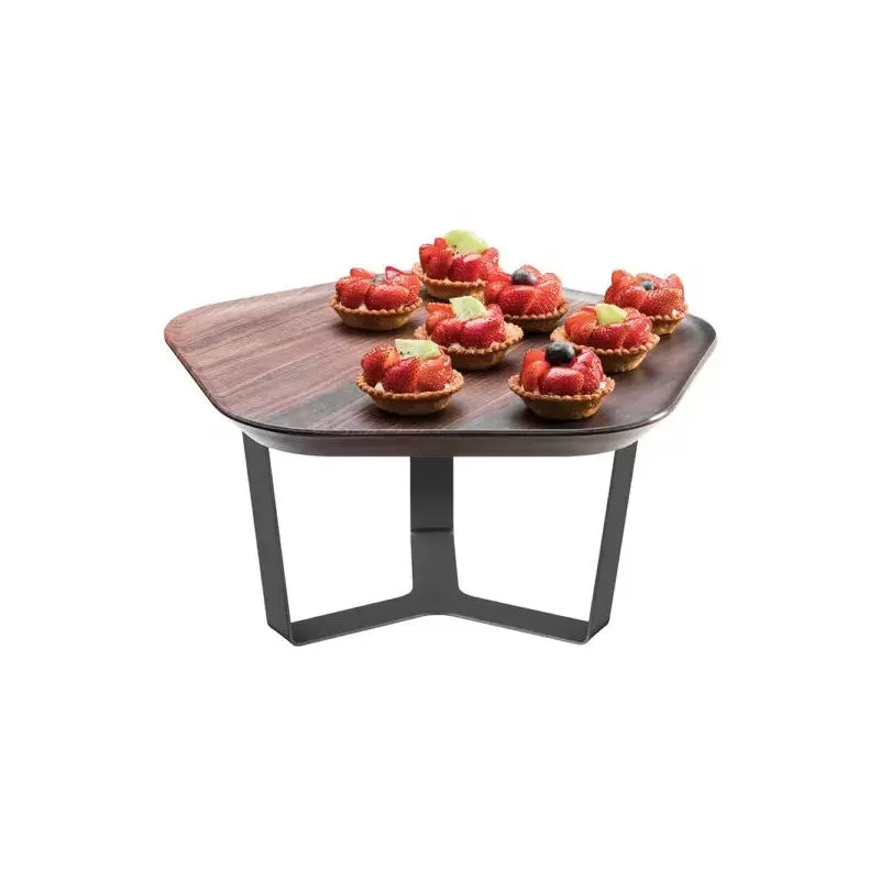 Rosseto Forme’ Melamine Polygon Walnut Tray with Three Leg 7" Silver Riser - 1 Piece - 14.5 x 14 x 7.5 In.