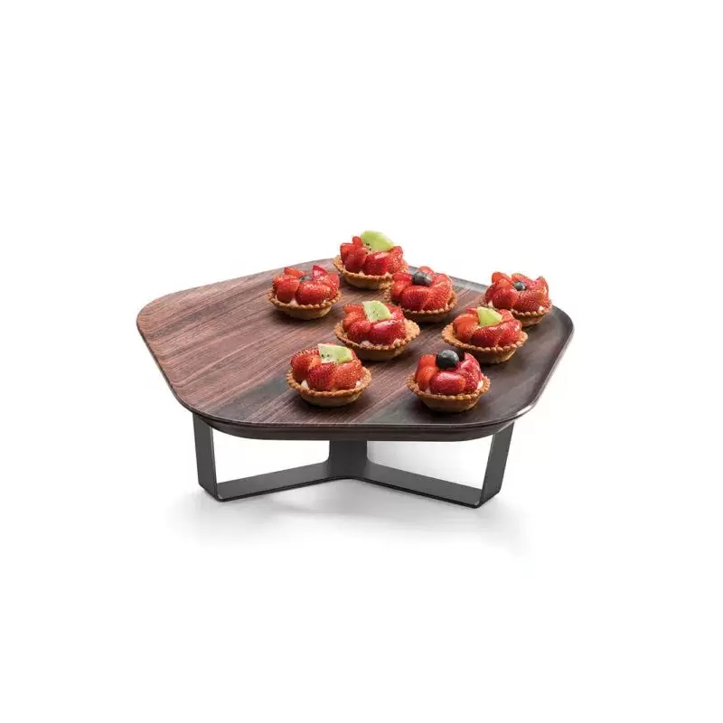 Rosseto Forme’ Melamine Polygon Walnut Tray with Three Leg 4" Silver Riser - 1 Piece - 14.5 x 14 x 4.38 In.