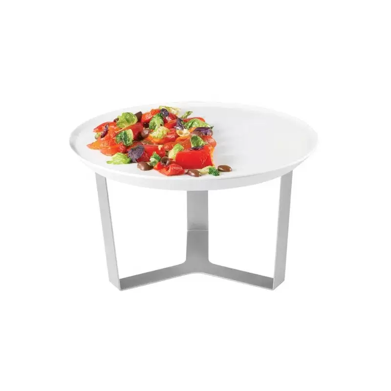 Rosseto Forme’ Melamine Round White Tray with Three Leg 7" Silver Riser - 1 Piece - 13.25 x 13.25 x 7.5 In.