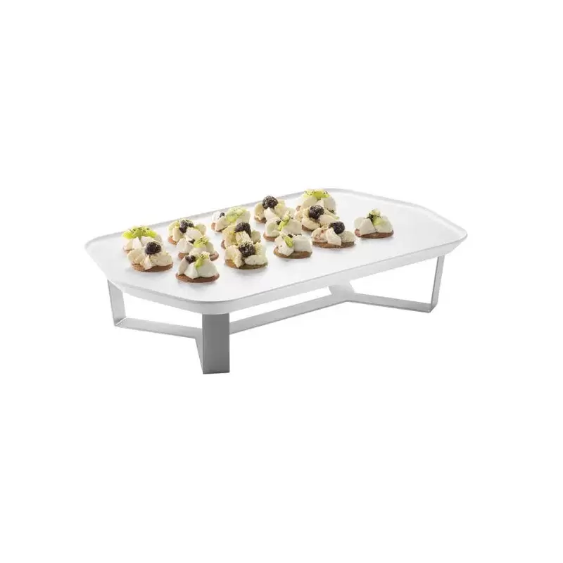 Rosseto Forme’ Melamine Rectangle White Tray with Four Leg 4" Silver Riser - 1 Piece - 20.25 x 12.25 x 4.38 In.