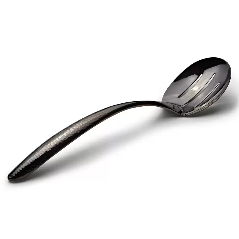 Bon Chef Slotted EZ Use Banquet Stainless Steel Serving Spoon - 13-1/2" Black Hammered Finish