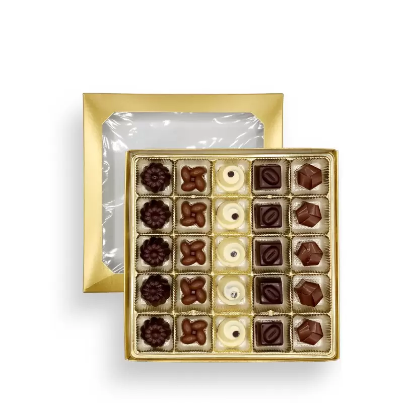 Gold Classic Chocolate Bonbons Candy Window Boxes with Inserts - 16 Oz - 7.75'' x 7.75'' x 1.125''- Pack of 50 pcs