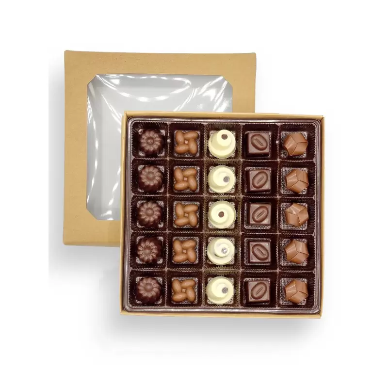 Kraft Classic Chocolate Bonbons Candy Window Boxes with Inserts - 12 Oz - 7.75'' x 7.75'' x 1.125''- Pack of 50 pcs