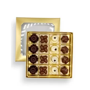 Gold Classic Chocolate Bonbons Candy Window Boxes with Inserts - 8 Oz - 5.75'' x 5.75'' x 1.125''- Pack of 50 pcs