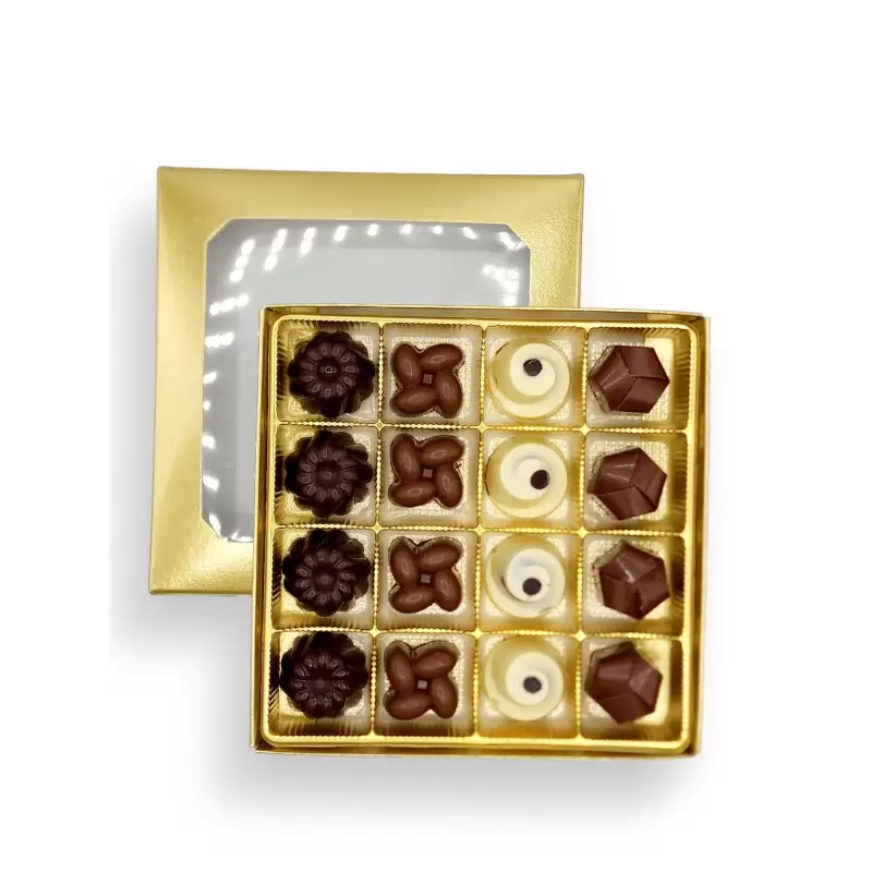 Gold Classic Chocolate Bonbons Candy Window Boxes with Inserts - 8 Oz - 5.75'' x 5.75'' x 1.125''- Pack of 50 pcs