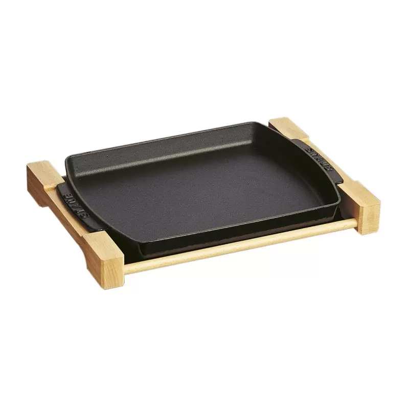 Staub 13" X 9" Rectangular Serving Dish with Wood Base -Black