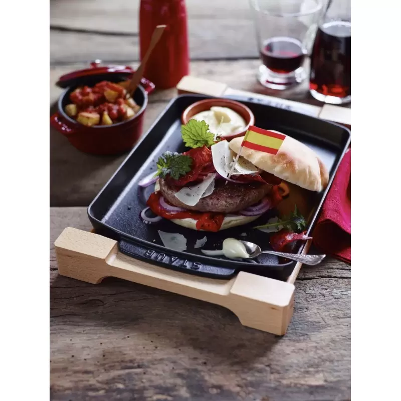 Staub 13" X 9" Rectangular Serving Dish with Wood Base -Black