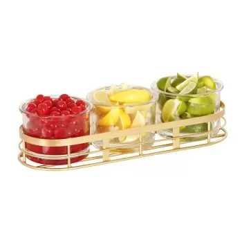 Cal-Mil Monaco Gold Metal Condiment Organizer With (3) 16 Oz. Glass Jars - 13 3/8" x 4 7/8" x 4 3/4"