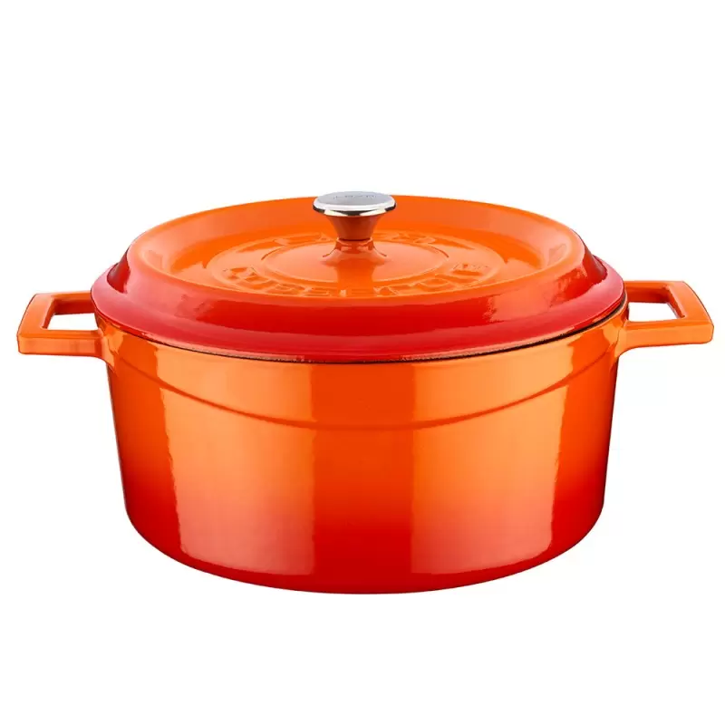 Turgla Cast Iron dia.9.5" h:4" 4.75 qt. Round Orange Cast Iron Dutch Oven