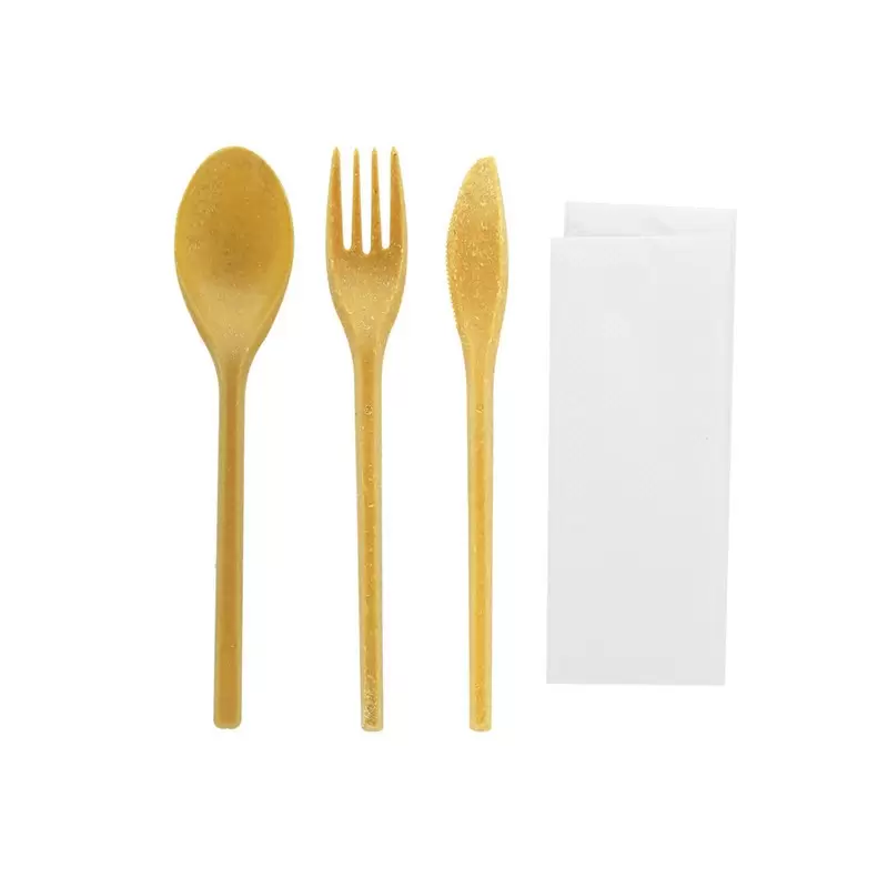 PacknWood Wood Fiber Composite Cutlery 4-1 Kit (Knife + Fork + Spoon + Napkin) - 7.08'' - 250 pcs