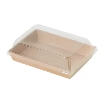 PacknWood Sushi Box in Kraft With Pet Lid - Base: 14oz 5.9 x 4.1 x 1'' Lid - 300 pcs