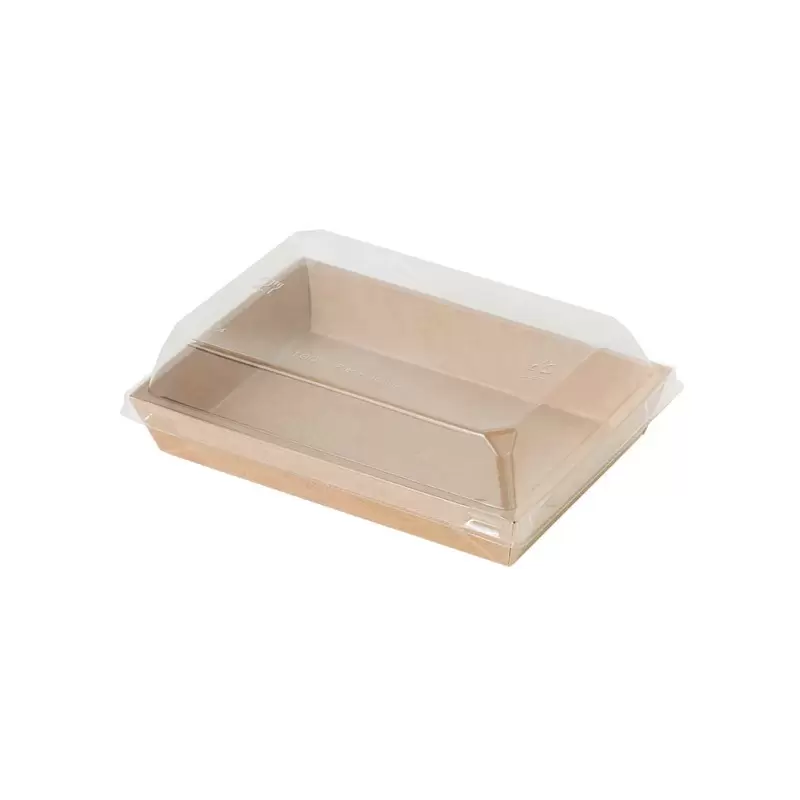 PacknWood Sushi Box in Kraft With Pet Lid - Base: 14oz 5.9 x 4.1 x 1'' Lid - 300 pcs