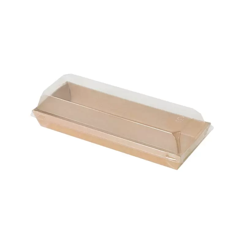 PacknWood Sushi Box in Kraft With Pet Lid - Base: 14oz 8.5 x 3 x 1'' LiDiam. - 300 pcs