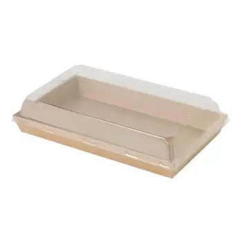 PacknWood Sushi Box in Kraft With Pet Lid - Base: 26oz 8.66 x 5.3 x 1'' Li - 300 pcs