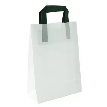 PacknWood White Recycled Paper Carrier Bag With Green Handles - H:11'' W:4'' L:7.9'' - 250 Pcs - 250 pcs