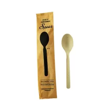 PacknWood Compostable & Heat Proof Corn - Bamboo Fiber Spoon Individually Wrapped '' A Paper Wrapper - 6'' - 500 pcs